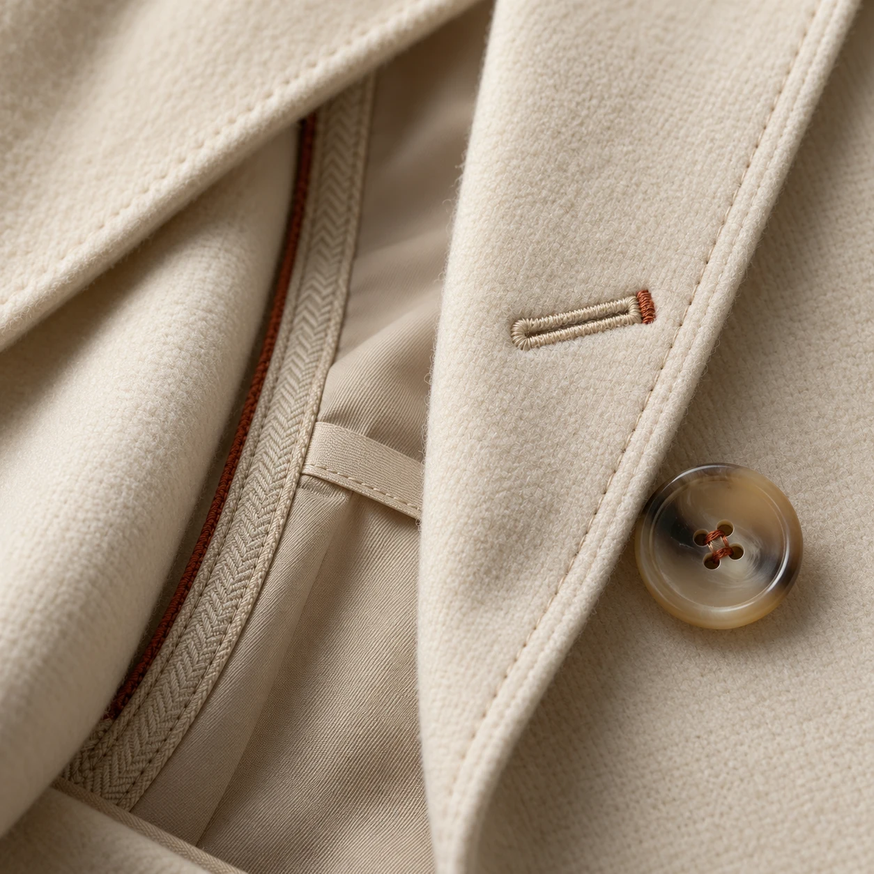 Coat collar, button and lining detail (AI-generated style visual)