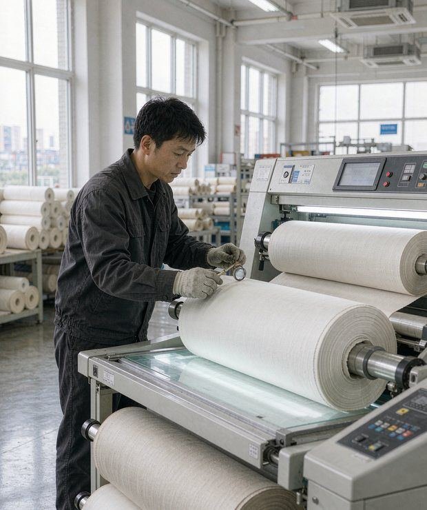 Worker inspecting fabric on a spreading machine