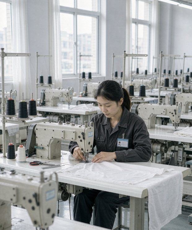 Sewer operating an industrial sewing machine